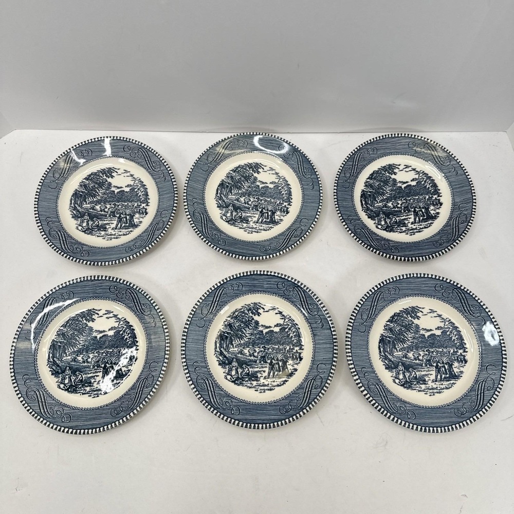Currier Ives Blue White Bread Plates Set 6 Old‎ Grist Mill Cottagecore Decor